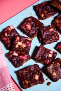 Bake Believe Brownies with Rhubarb pieces
