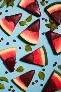 Watermelon slices dipped in Bake Believe chocolate flavored chips