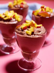 Chocolatey Mousse topped with fresh peaches
